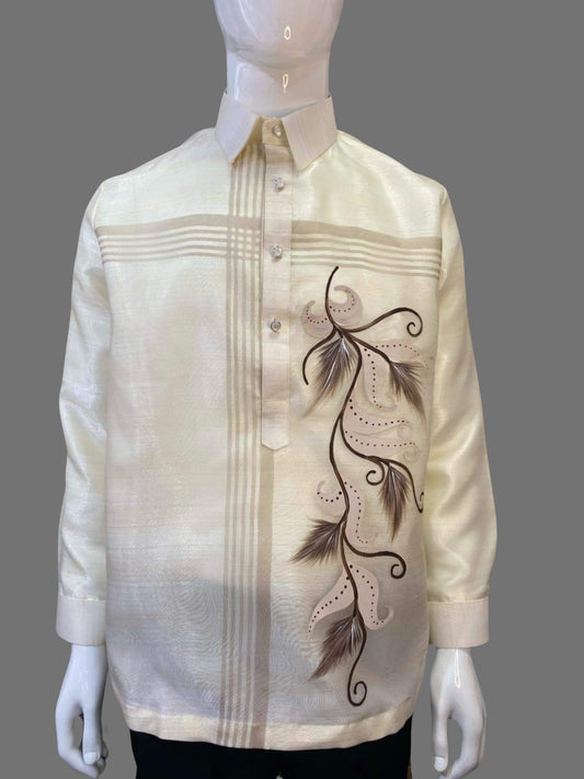 Classic Organza Barong Tagalog with Artistic Brown Leaf Embroidery Design | Barong Republic