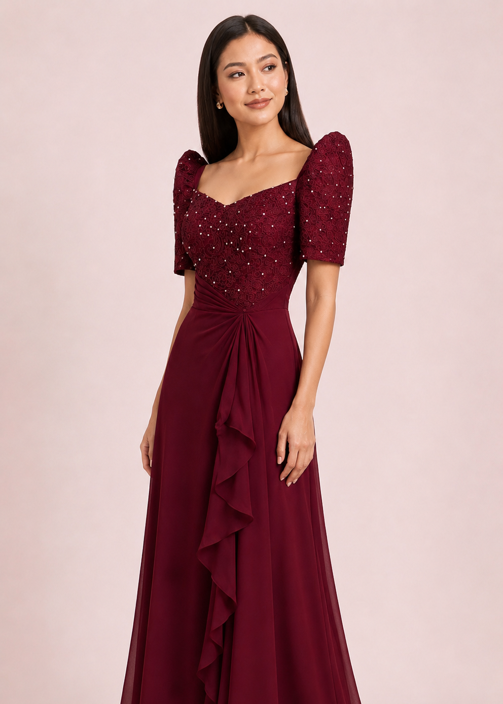 Corazon Filipiniana Gown in Maroon Pleated Chiffon