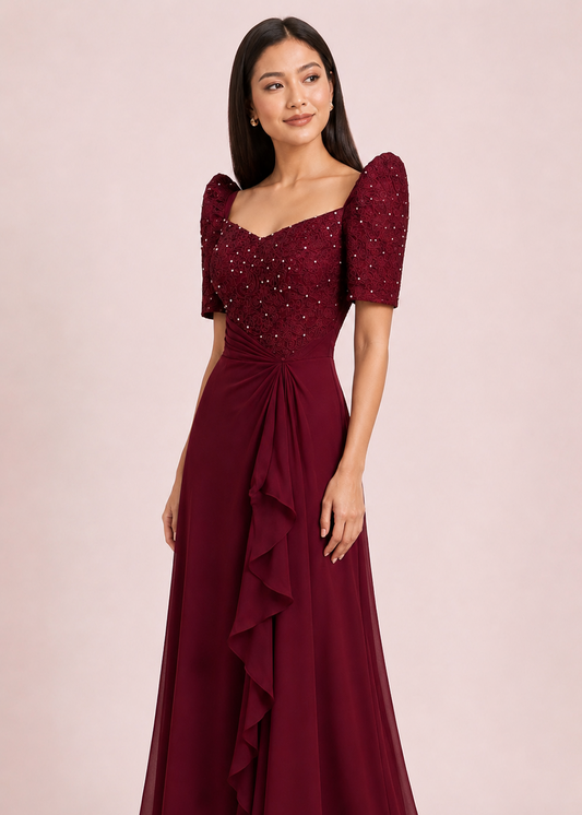 Corazon Filipiniana Gown in Maroon Pleated Chiffon