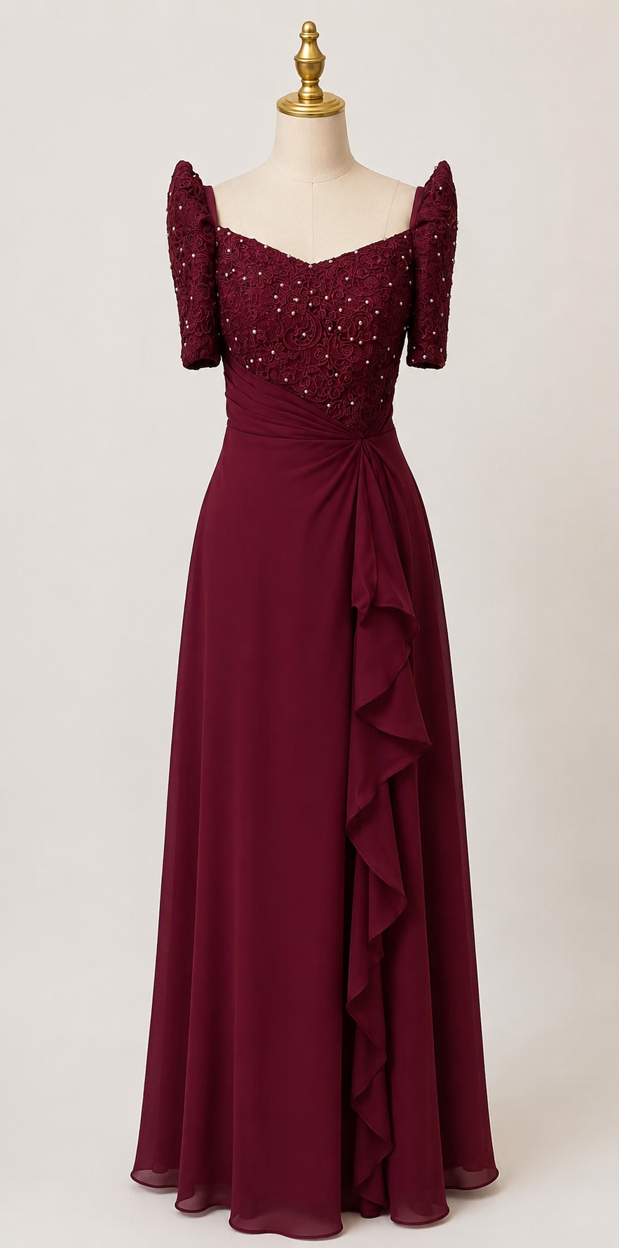 Corazon Filipiniana Gown in Maroon Pleated Chiffon