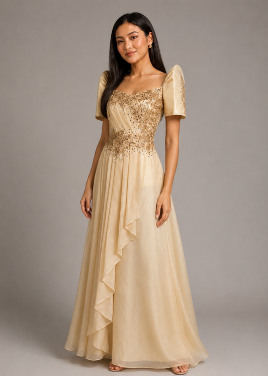 Conception Filipiniana Long Dress in Cream Chiffon