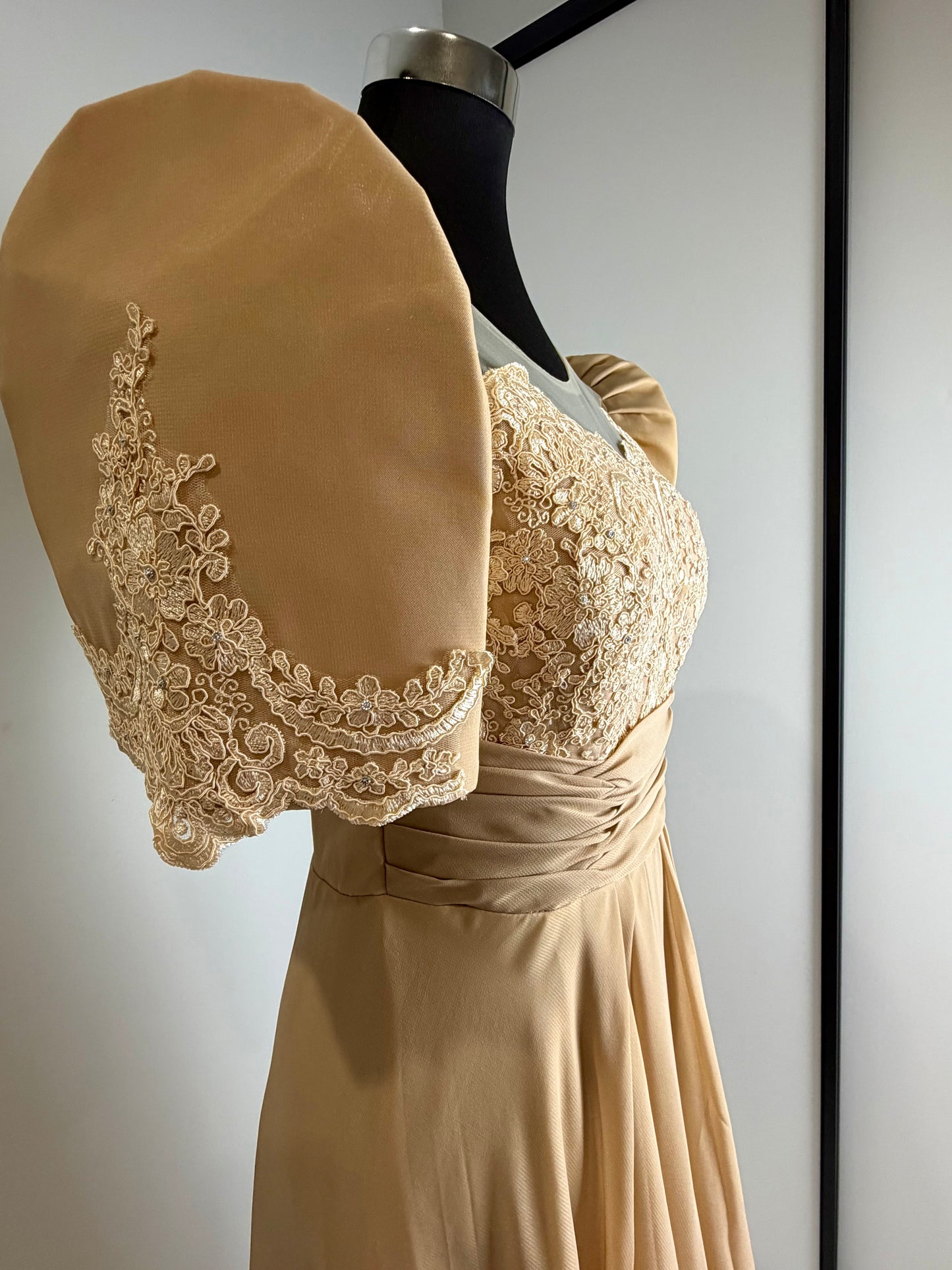 Imelda Filipiniana Gown in Cream Pleated Chiffon