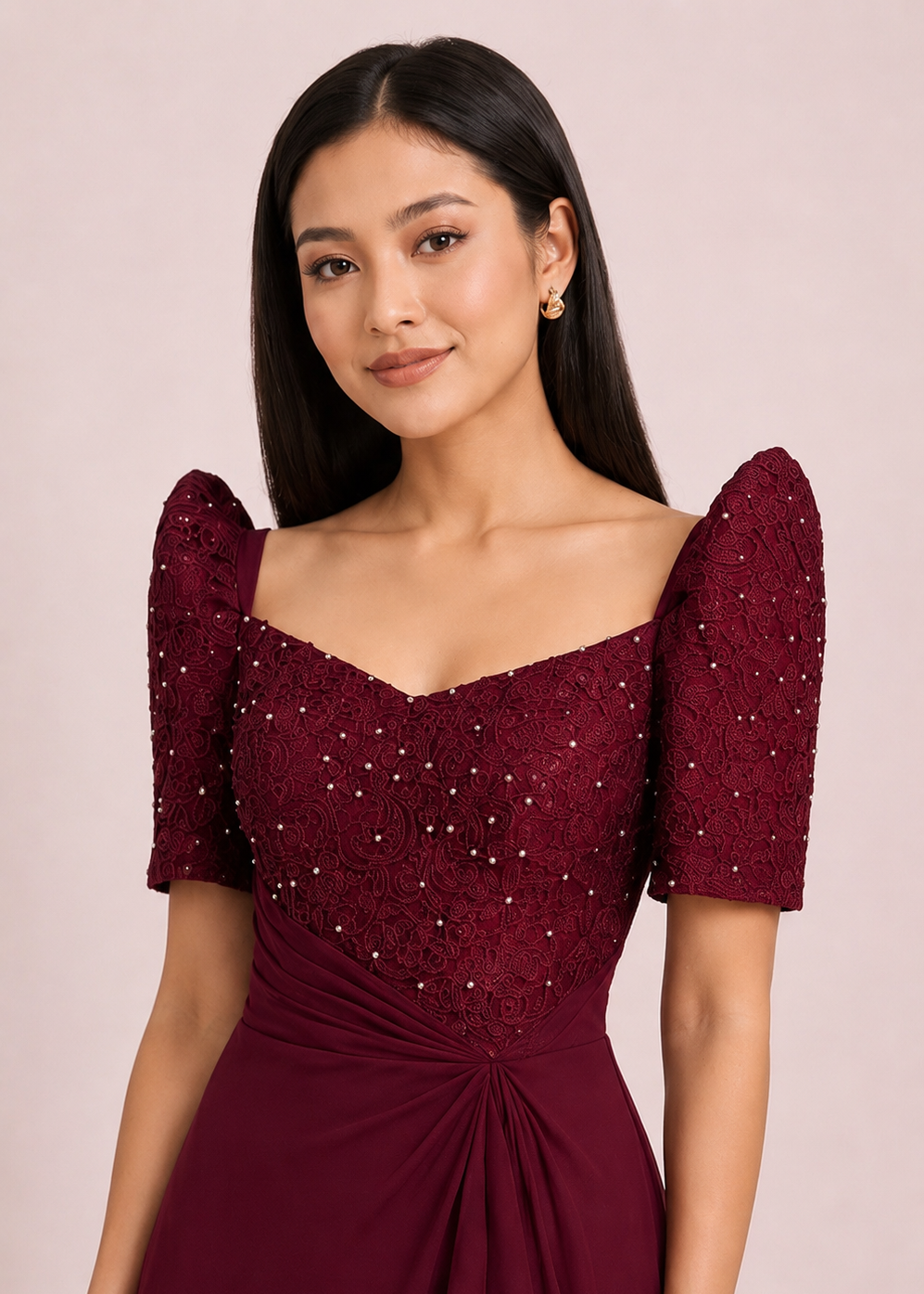 Corazon Filipiniana Gown in Maroon Pleated Chiffon
