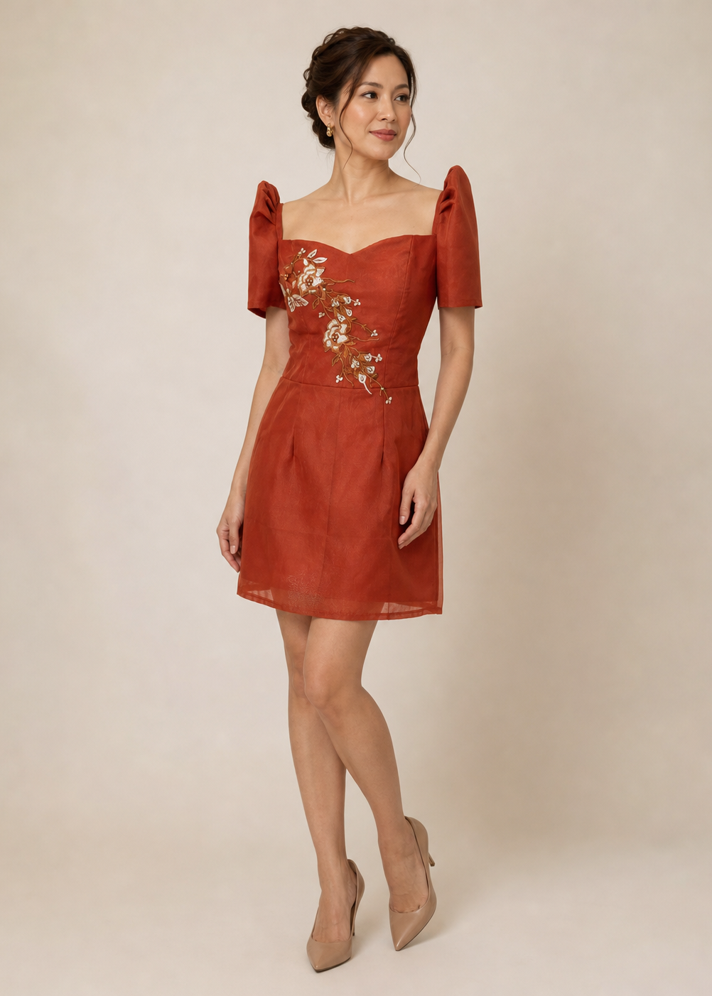 Bighani Filipiniana Mini Dress Rust Orange