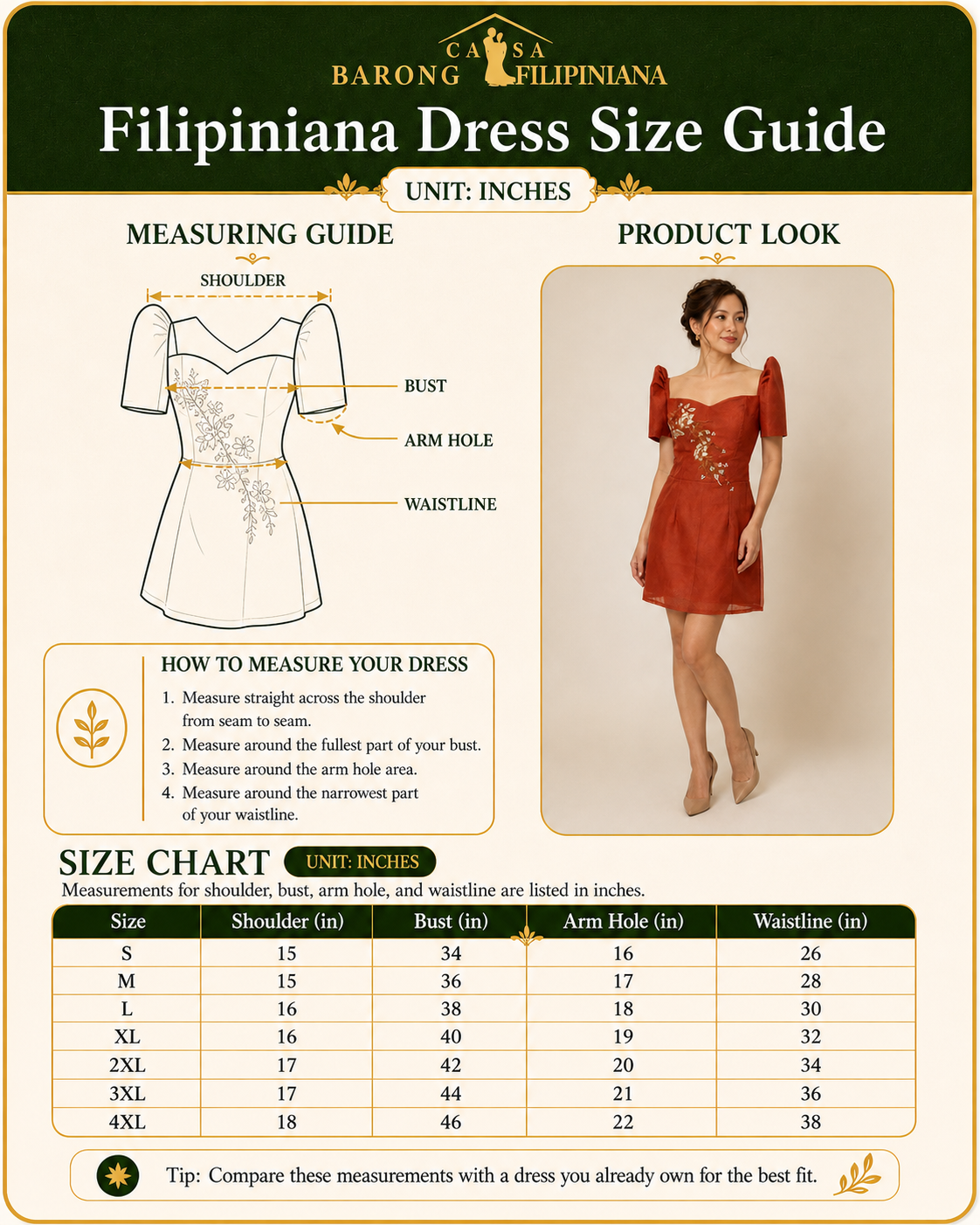 Bighani Filipiniana Mini Dress Rust Orange - size guide by casa barong filipiniana