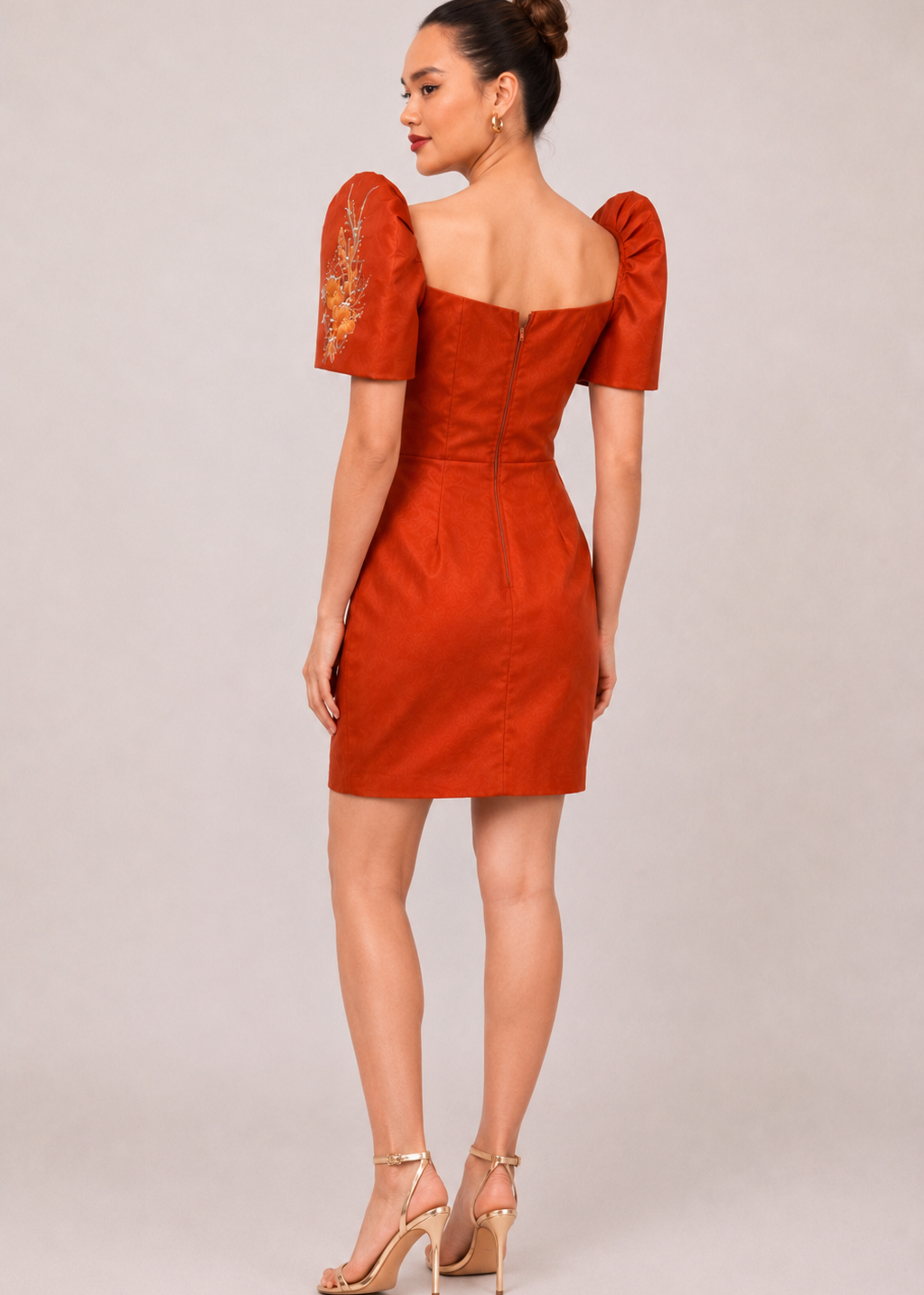 Bighani Filipiniana Mini Dress in Tulle Rust Orange