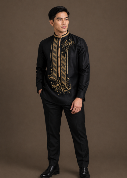 Bonifacio Barong Tagalog Piña Organza with Lining Black