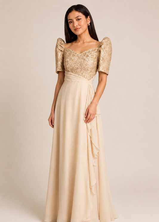 Filipiniana, mother of bride, mother of groom dress -     Champagne Filipiniana gown with butterfly sleeves, lace bodice and flowing chiffon skirt, elegant formal Filipiniana dress handmade in the Philippines, Filipiniana dress, modern filipiniana dress, filipiniana long dress