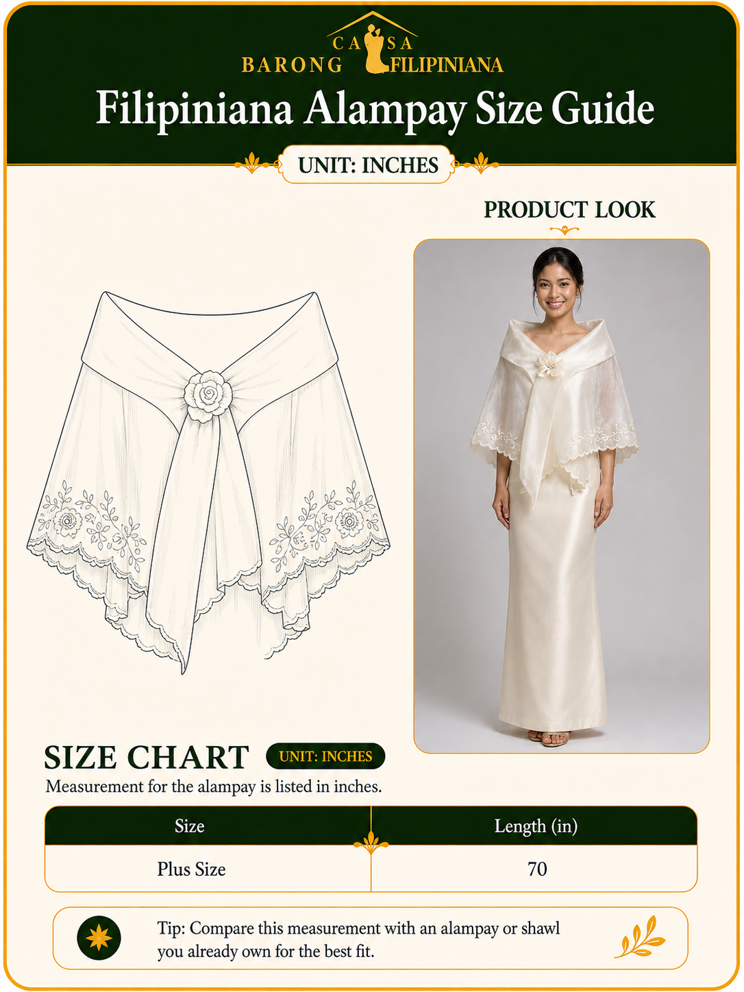 Dalisay Filipiniana Alampay in Beige with Handmade Floral Brooch - Plus Size | One Size
