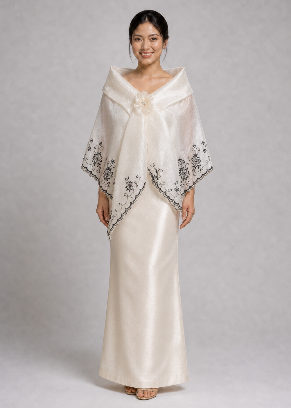 Dalisay Filipiniana Alampay in Black Embroidery with Handmade Floral Brooch - Plus Size | One Size