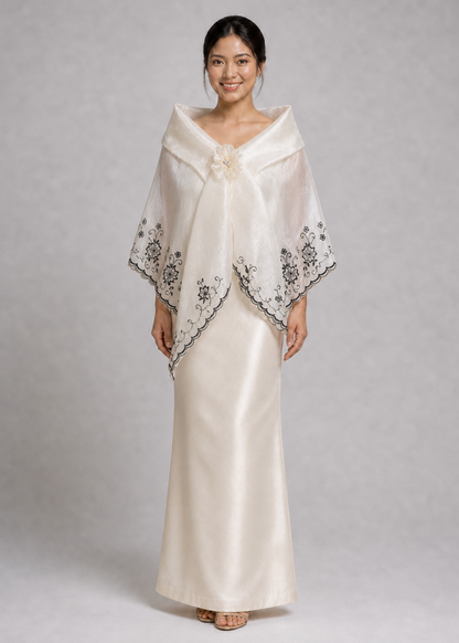Dalisay Filipiniana Alampay in Black Embroidery with Handmade Floral Brooch - Plus Size | One Size