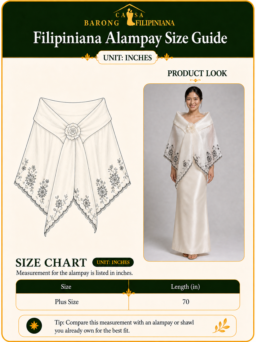 Dalisay Filipiniana Alampay in Black Embroidery with Handmade Floral Brooch - Plus Size | One Size