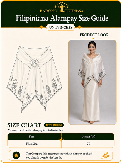 Dalisay Filipiniana Alampay in Black Embroidery with Handmade Floral Brooch - Plus Size | One Size
