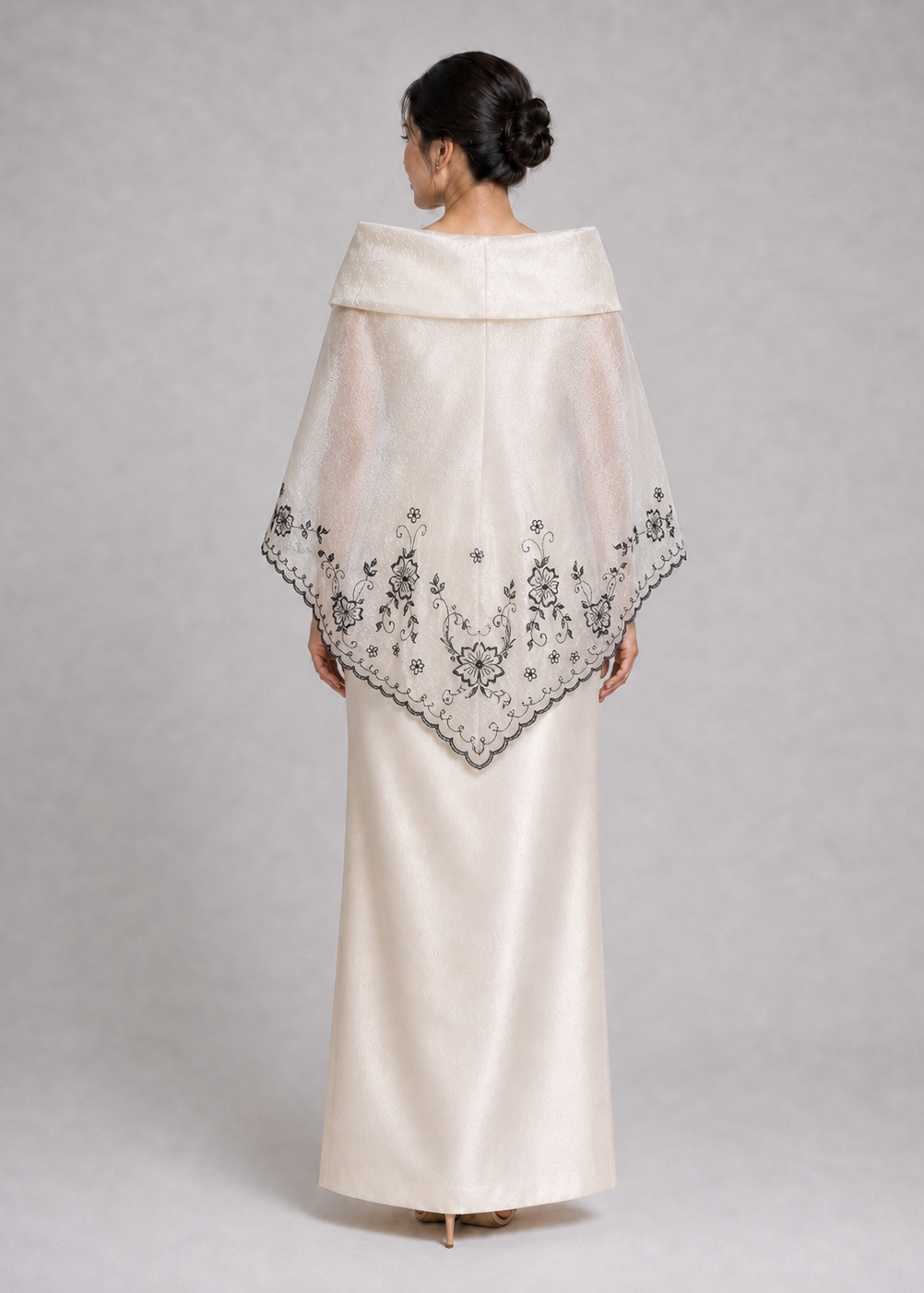 Dalisay Filipiniana Alampay in Black Embroidery with Handmade Floral Brooch - Plus Size | One Size back