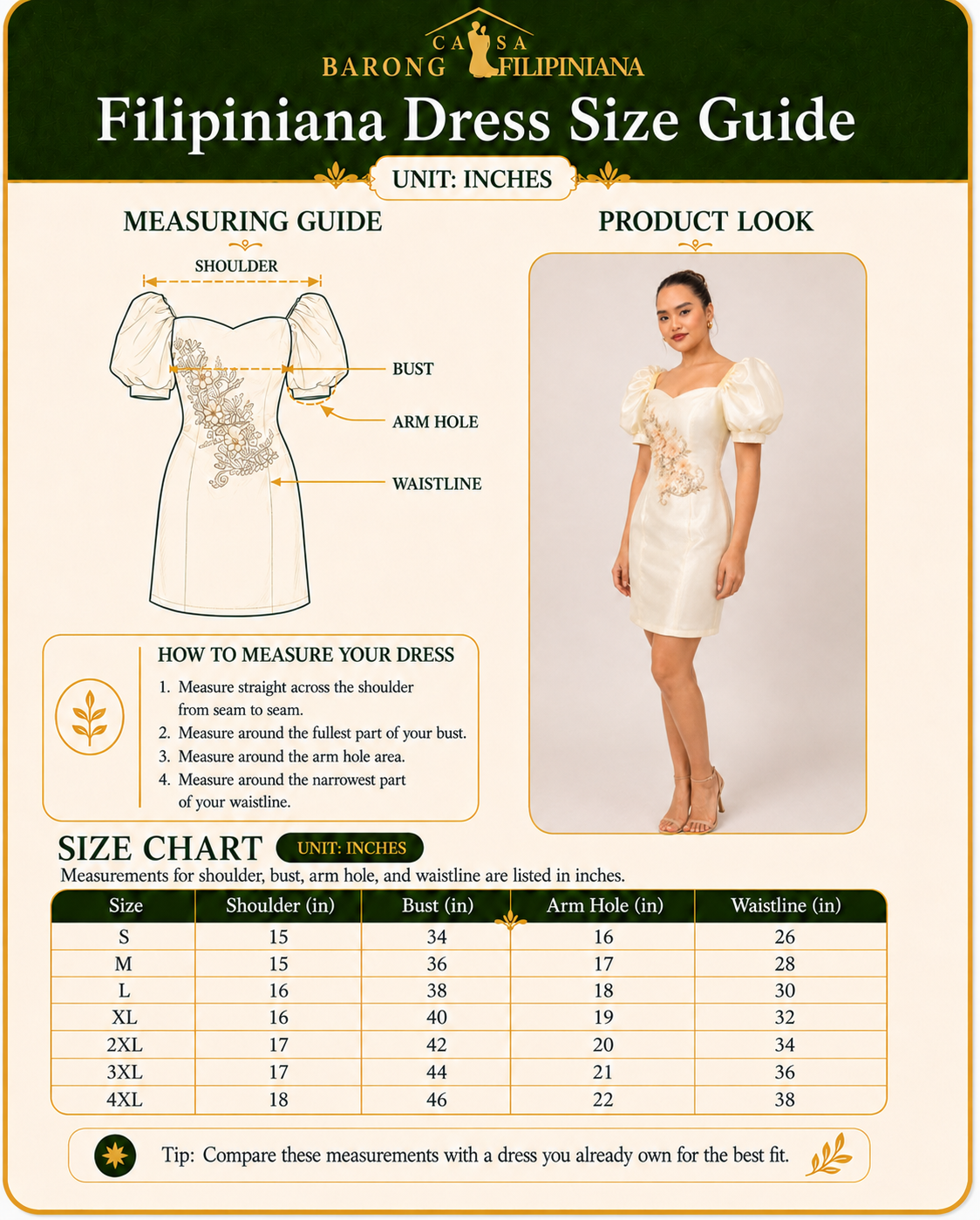 ESPERANZA FILIPINIANA MINI DRESS MEASUREMENT GUIDE