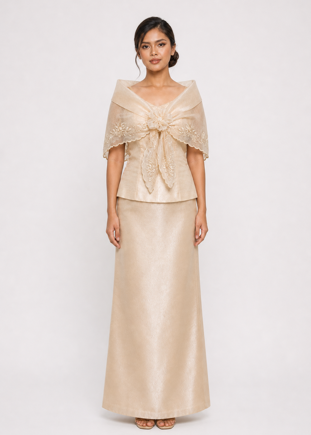 Marikit Filipiniana Alampay in Beige with Handmade Floral Brooch - One Size