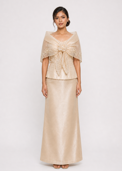 Marikit Filipiniana Alampay in Beige with Handmade Floral Brooch - One Size
