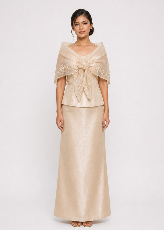 Marikit Filipiniana Alampay in Beige with Handmade Floral Brooch - One Size