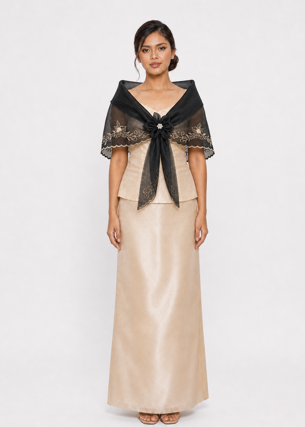 Marikit Filipiniana Alampay in Black with Handmade Floral Brooch - One Size