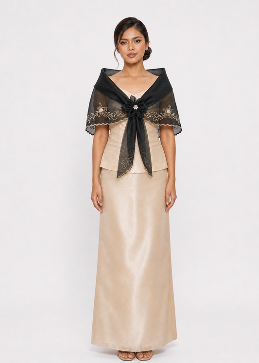 Marikit Filipiniana Alampay in Black with Handmade Floral Brooch - One Size