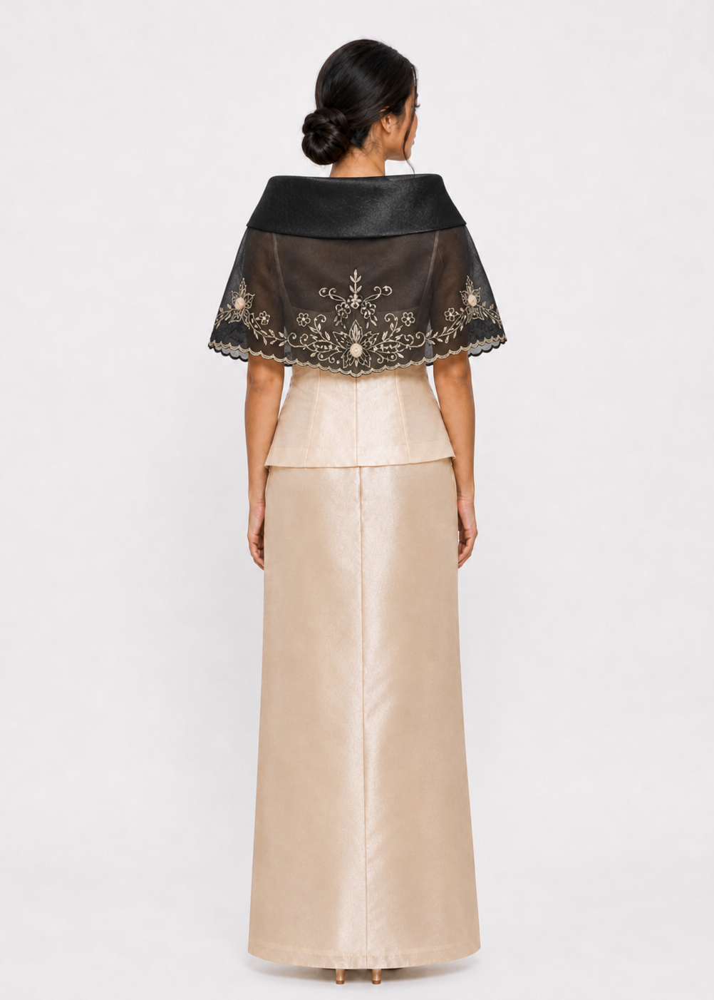 Marikit Filipiniana Alampay in Black with Handmade Floral Brooch - One Size