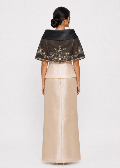 Marikit Filipiniana Alampay in Black with Handmade Floral Brooch - One Size