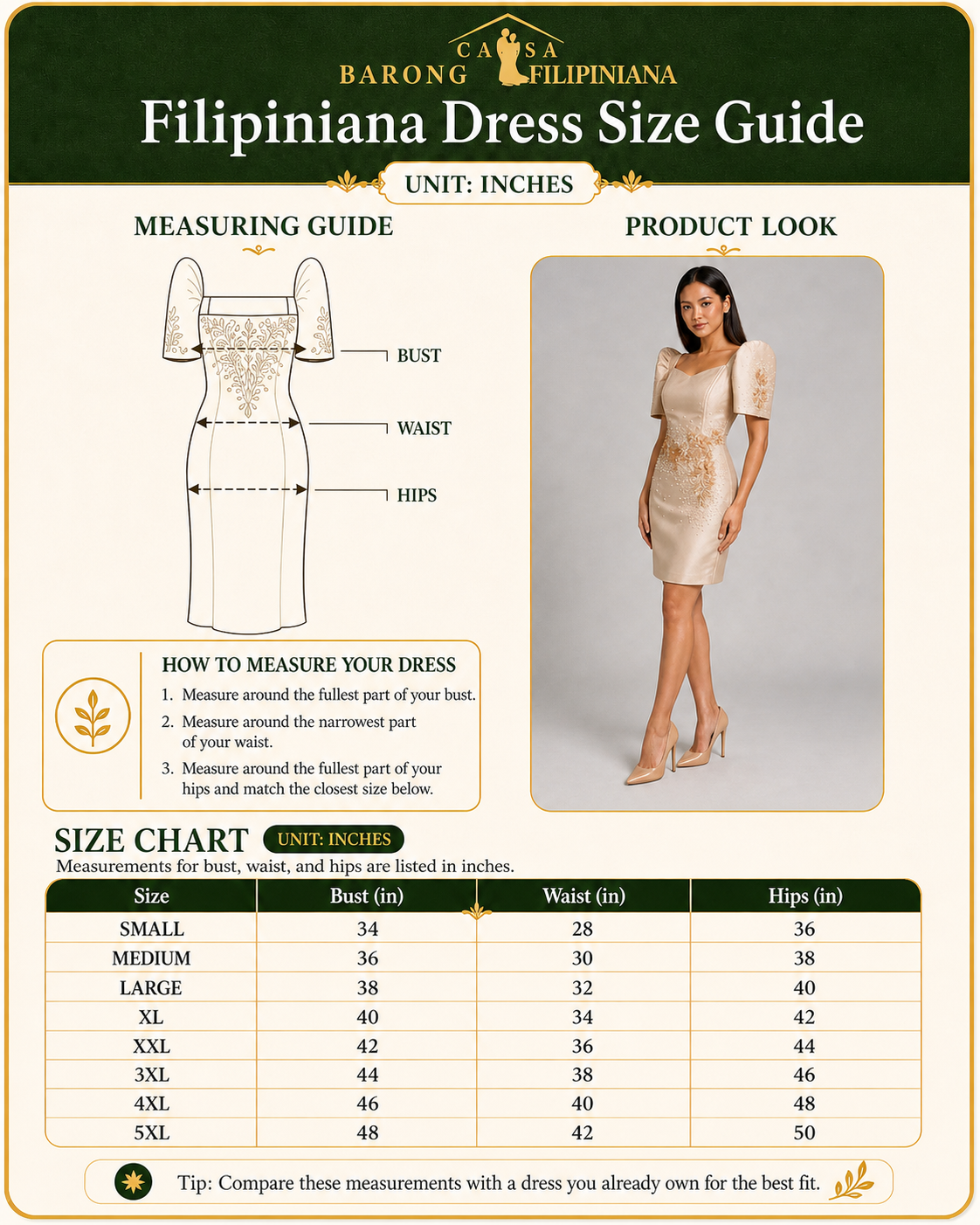 Flora Filipiniana Mini Dress - Size Guide by Casa Barong Filipiniana