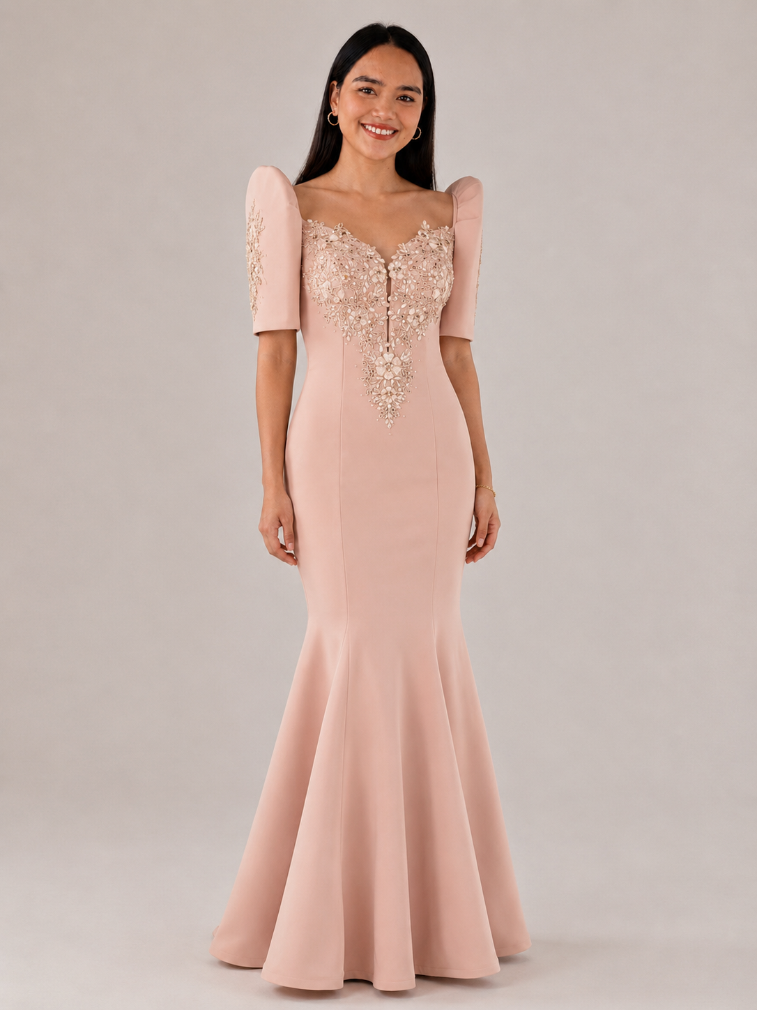Halina Filipiniana Serpentina Dress Long Gown Soft Blush Nude