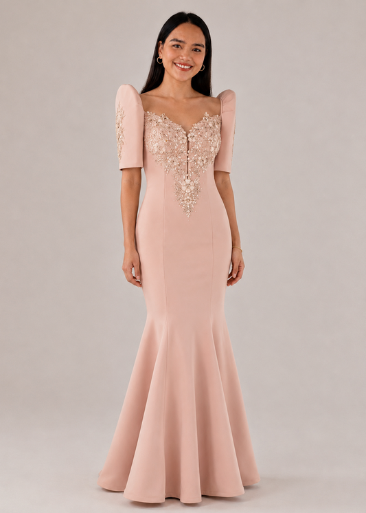 Halina Filipiniana Serpentina Dress Long Gown Soft Blush Nude