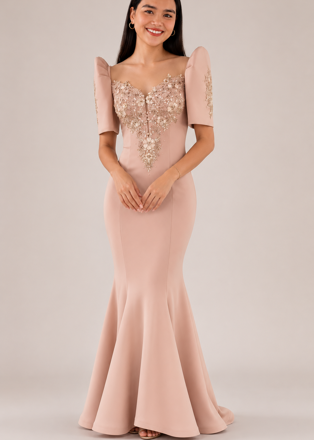 Halina Filipiniana Serpentina Dress Long Gown Soft Blush Nude