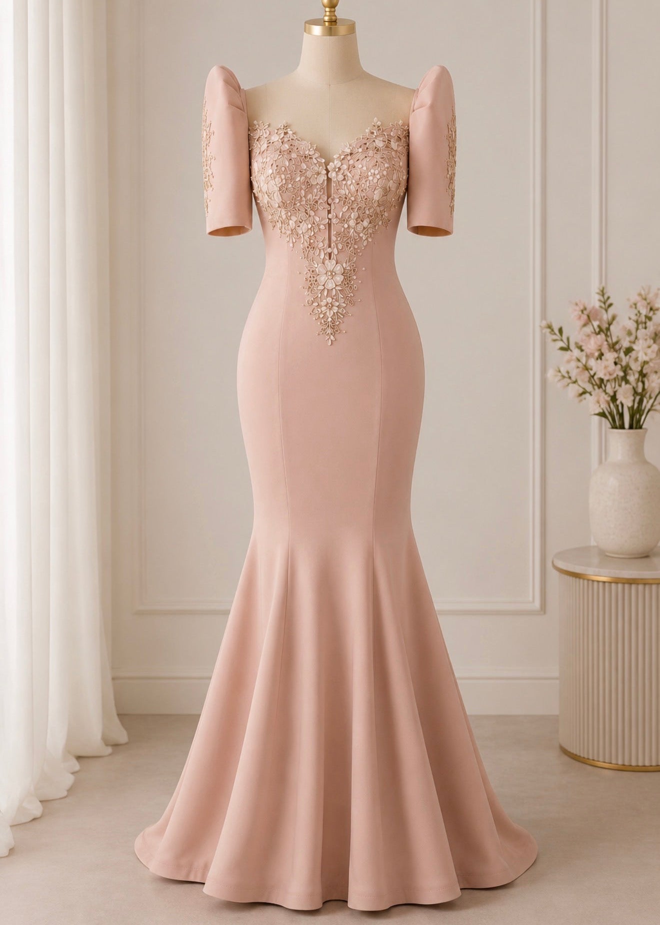 Halina Filipiniana Serpentina Dress Long Gown Soft Blush Nude 
