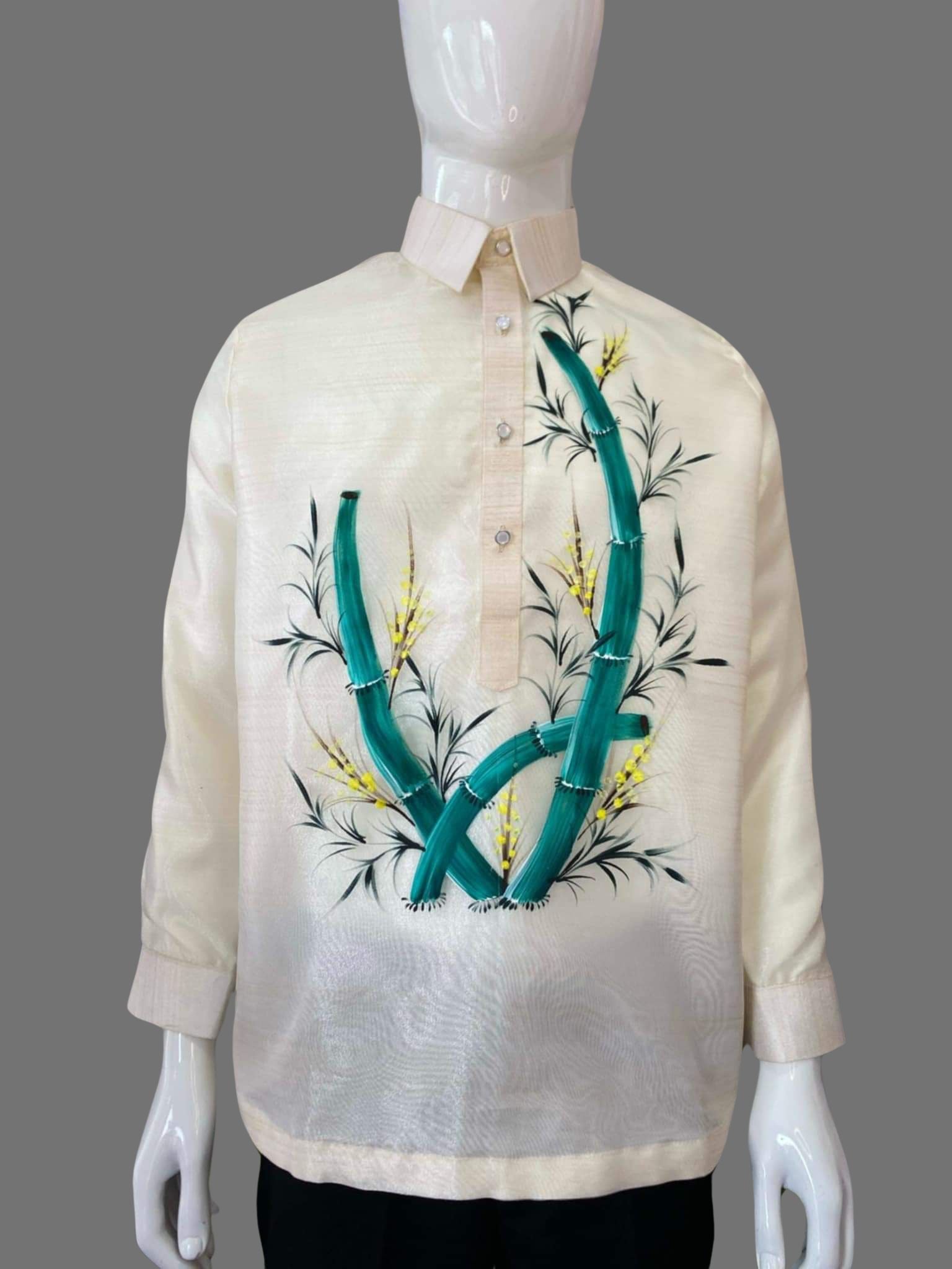 Organza Fabric Barong Tagalog with Classic Green Bamboo Embroidery | Barong Republic