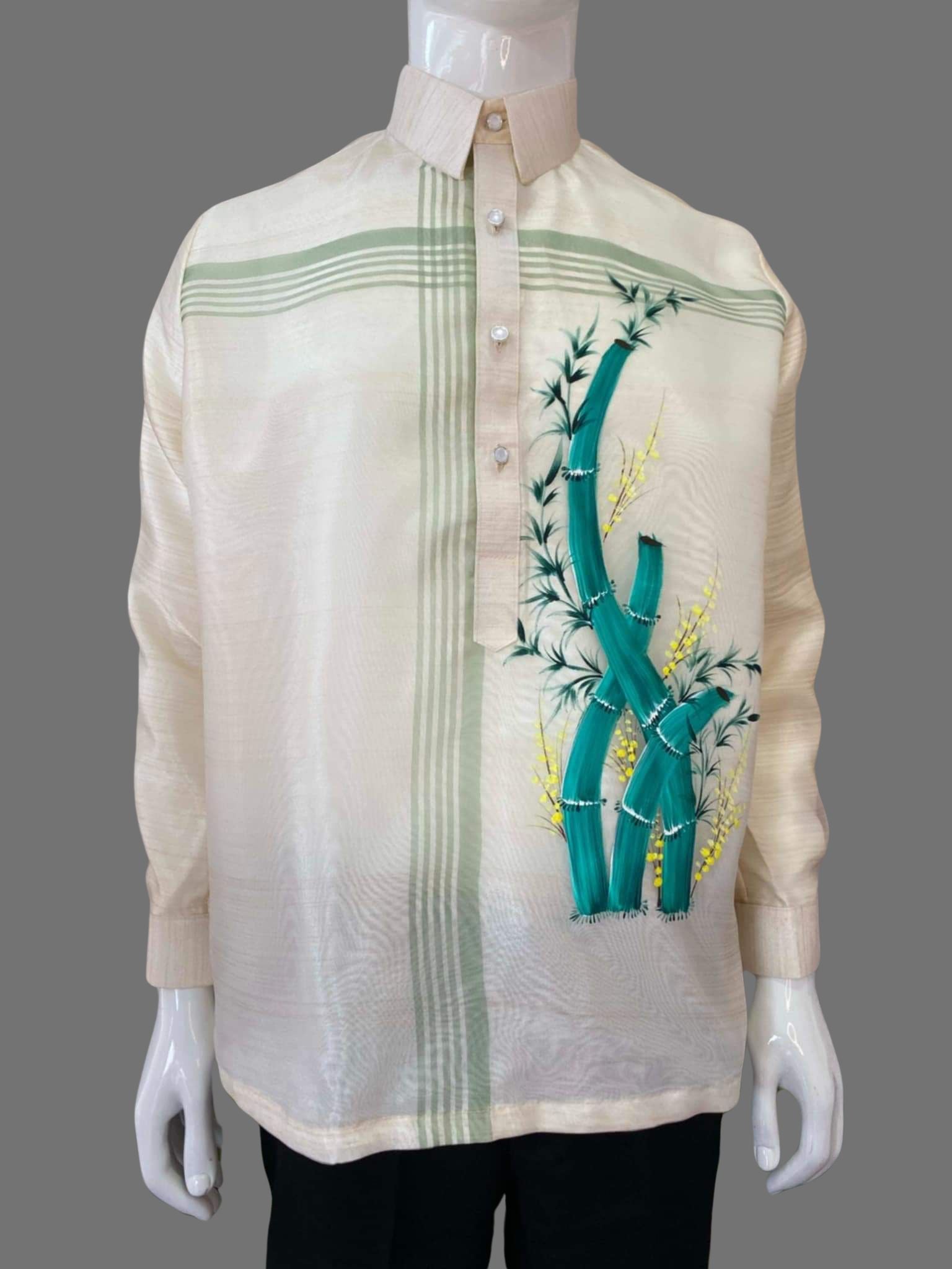 Elegant Organza Barong Tagalog With Artistic Green Bamboo Embroidery | Barong Republic