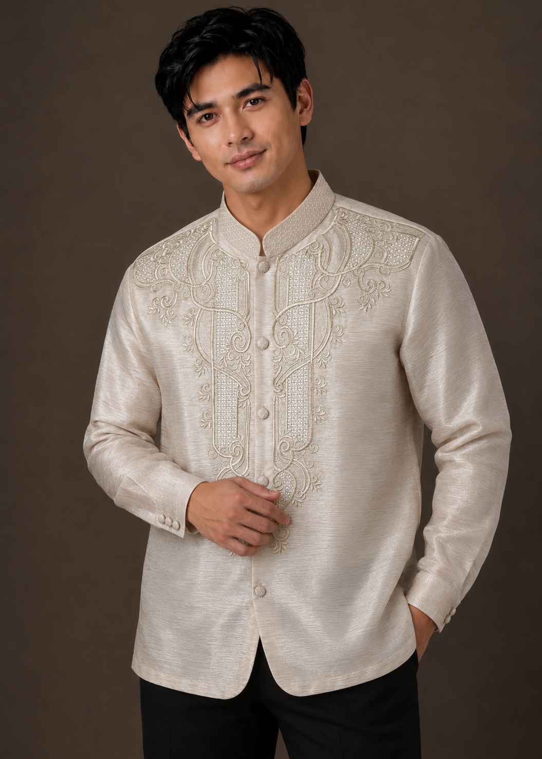 Lorenzo Coat Barong Tagalog in Cream Piña Seda