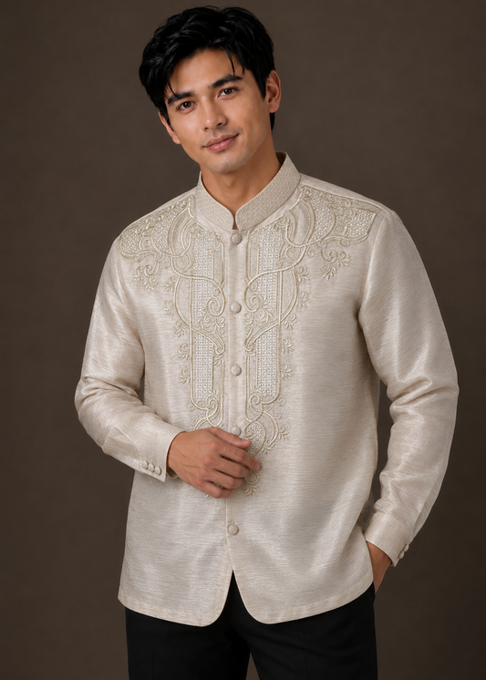 Lorenzo Coat Barong Tagalog in Cream Piña Seda
