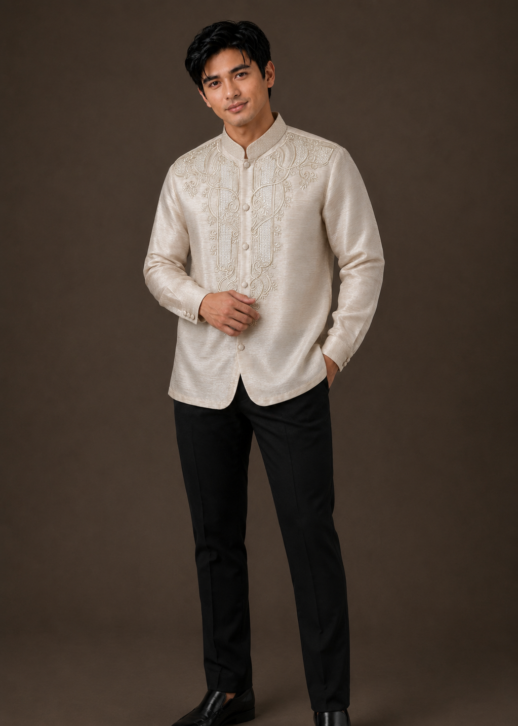 Lorenzo Coat Barong Tagalog in Cream Piña Seda