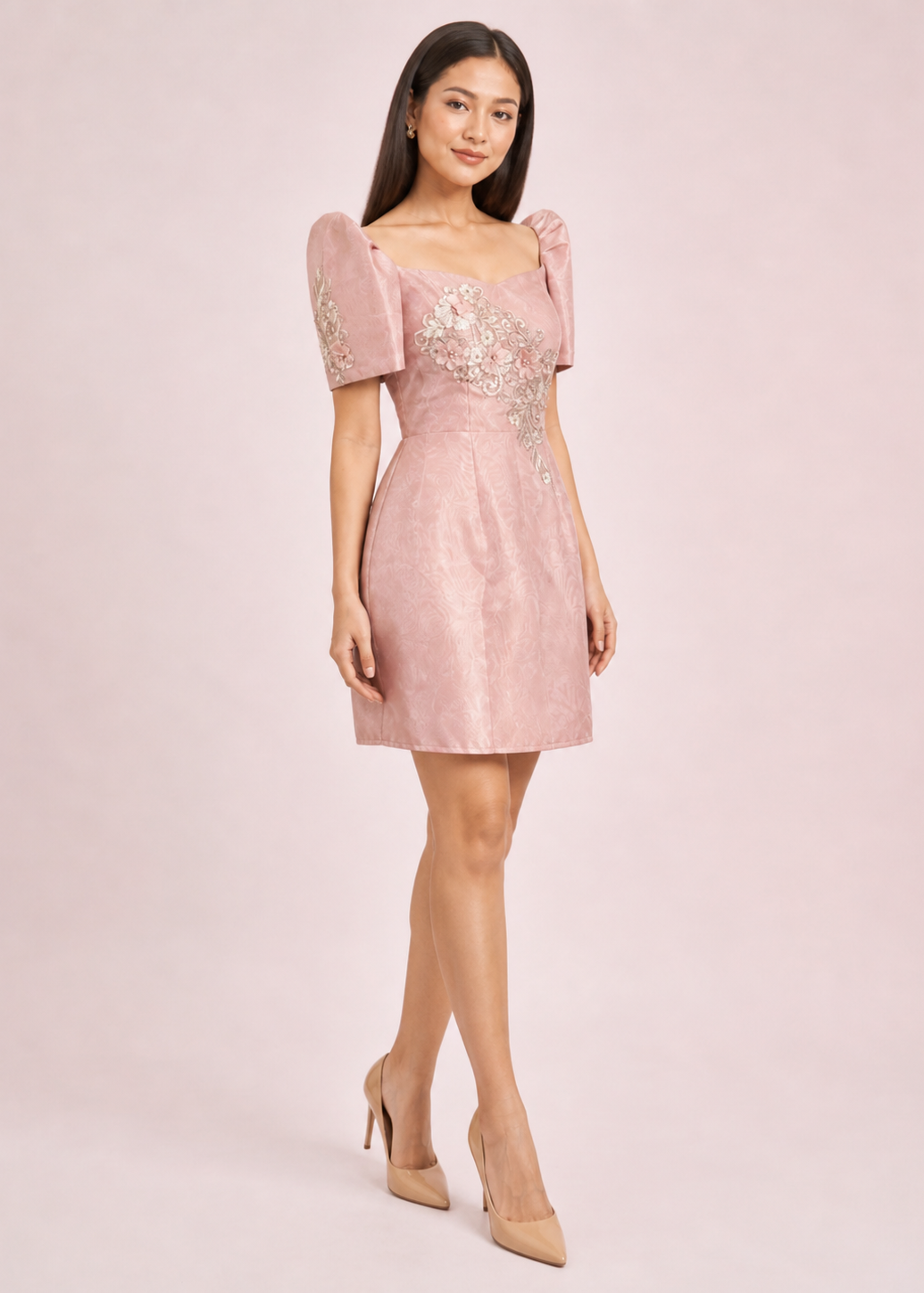 Luntian Filipiniana Mini Dress Blush Pink