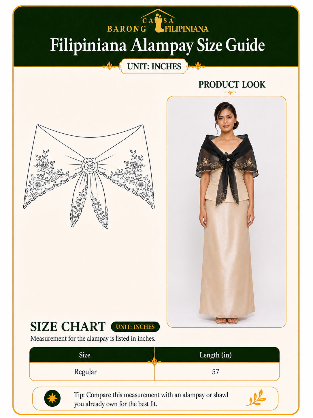 Marikit Filipiniana Alampay in Black with Handmade Floral Brooch - One Size - size guide by casa barong filipiniana