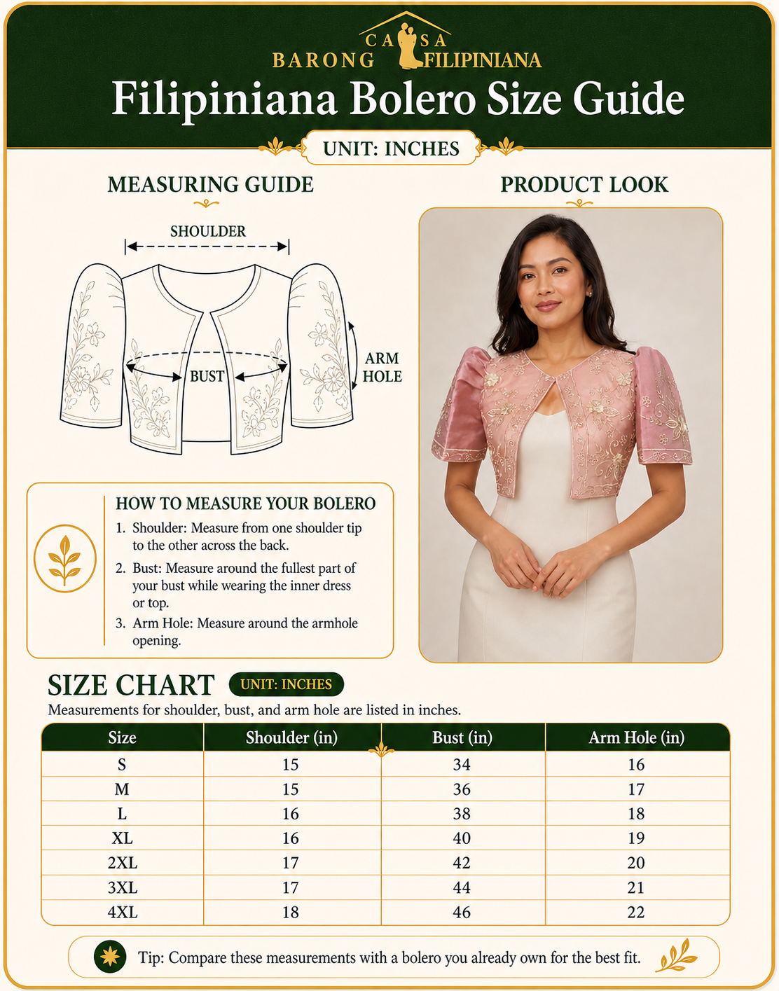 Paraluman Bolero in Blush Pink - size guide by casa barong filipiniana