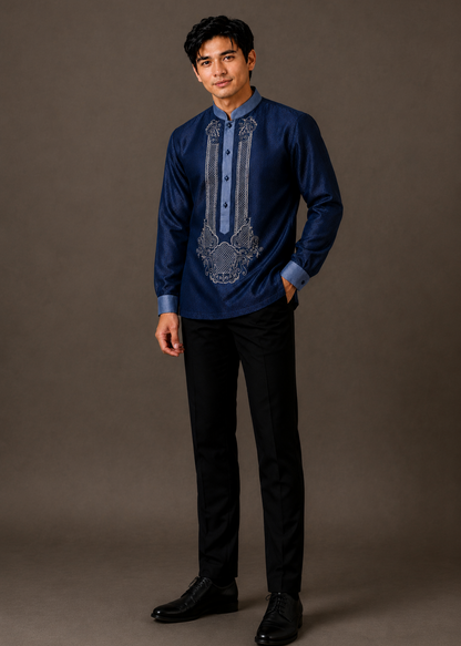 Pedro Barong Tagalog Piña Organza Midnight Blue