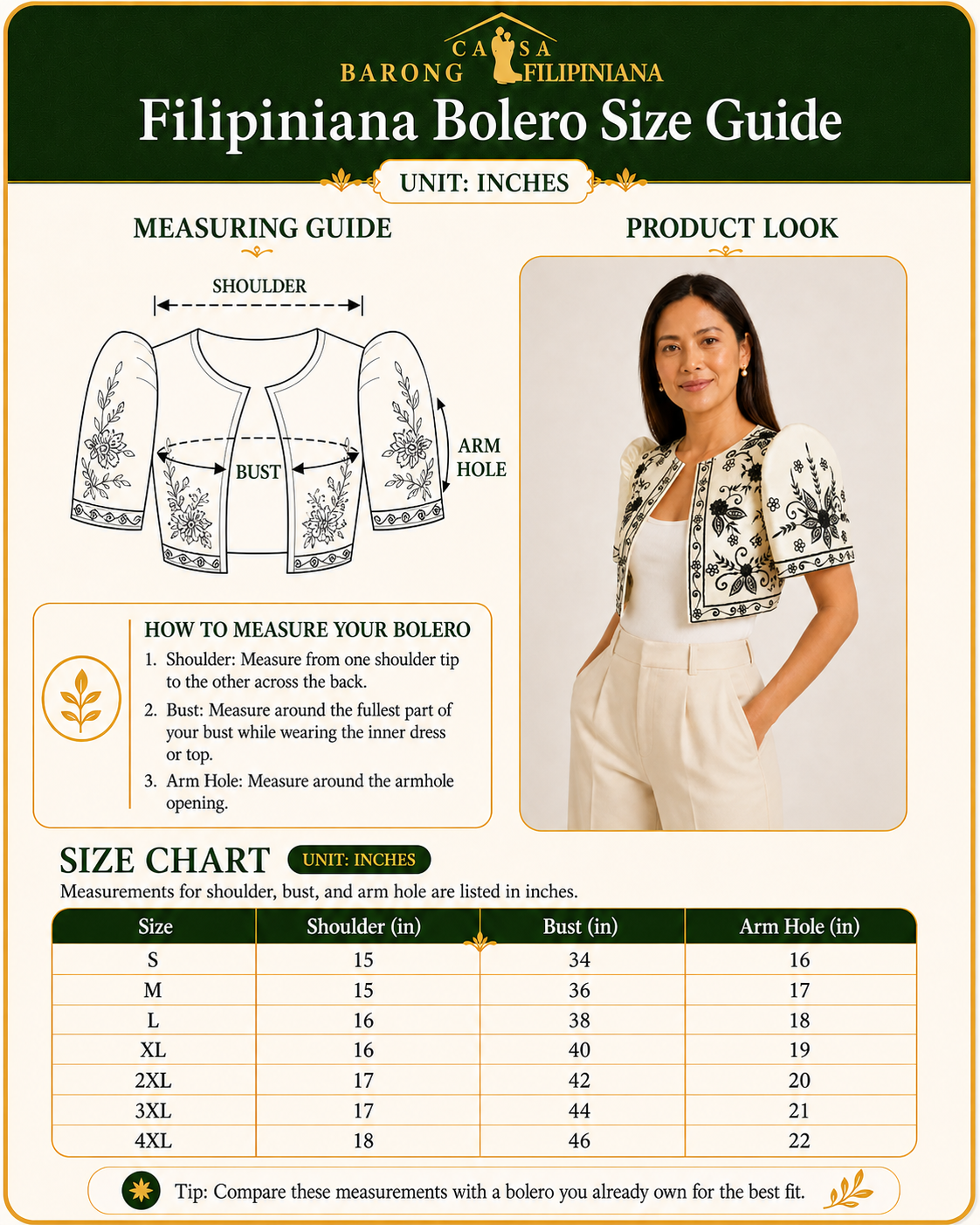 Tala Bolero in Black Embroidery - size guide by casa barong filipiniana