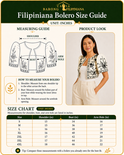 Tala Bolero in Black Embroidery - size guide by casa barong filipiniana