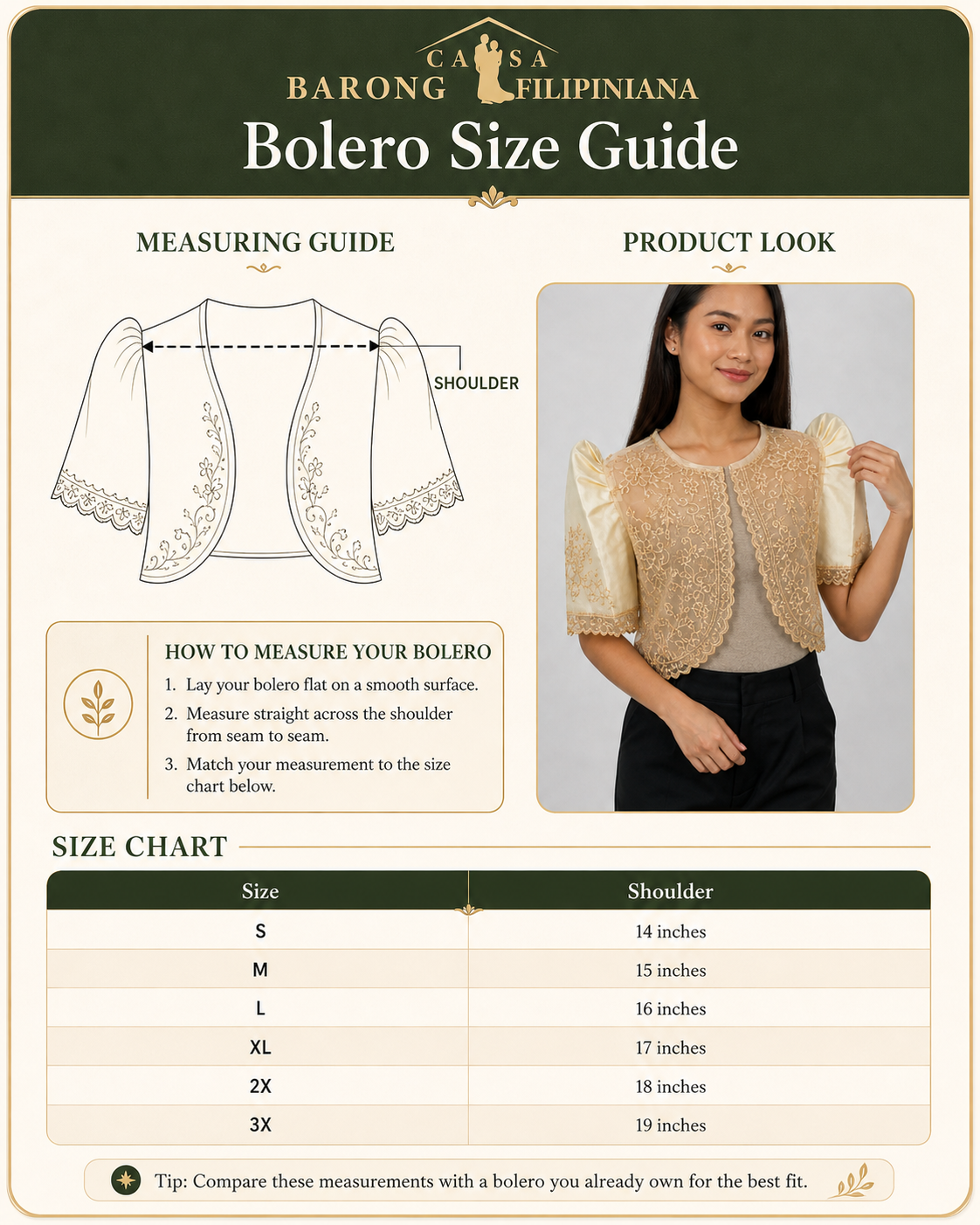 Bolero Size Guide - Casa Barong Filipiniana