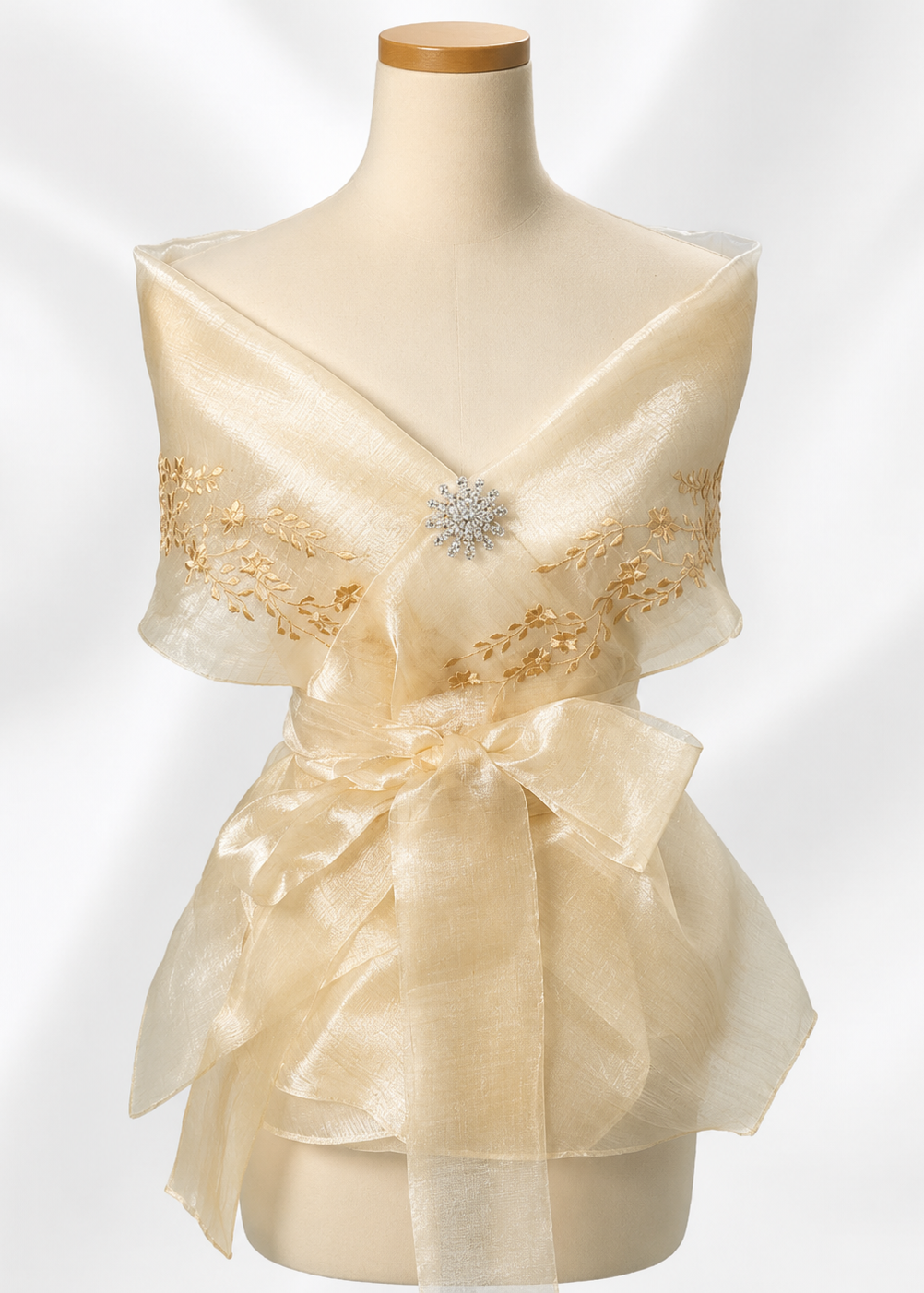 Amihan Filipiniana Panuelo Wrap Around in Pinya Organza with Mocha Embroidery - One Size

