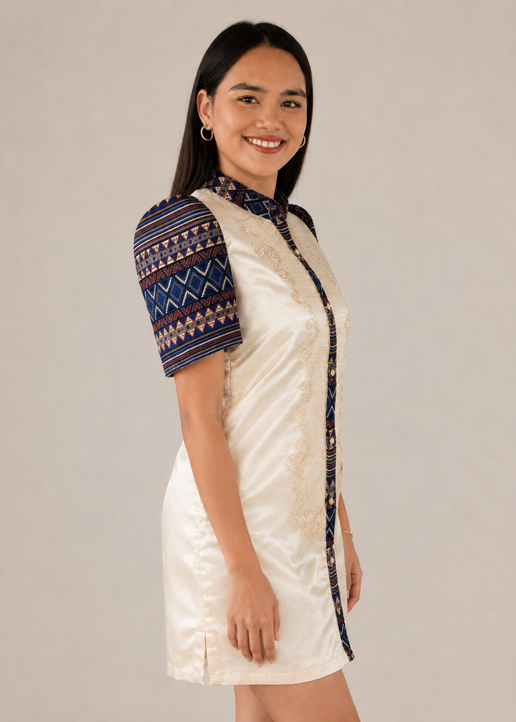 Gabriela Filipiniana Ethnic Barong Dress in Satin Organza Cream