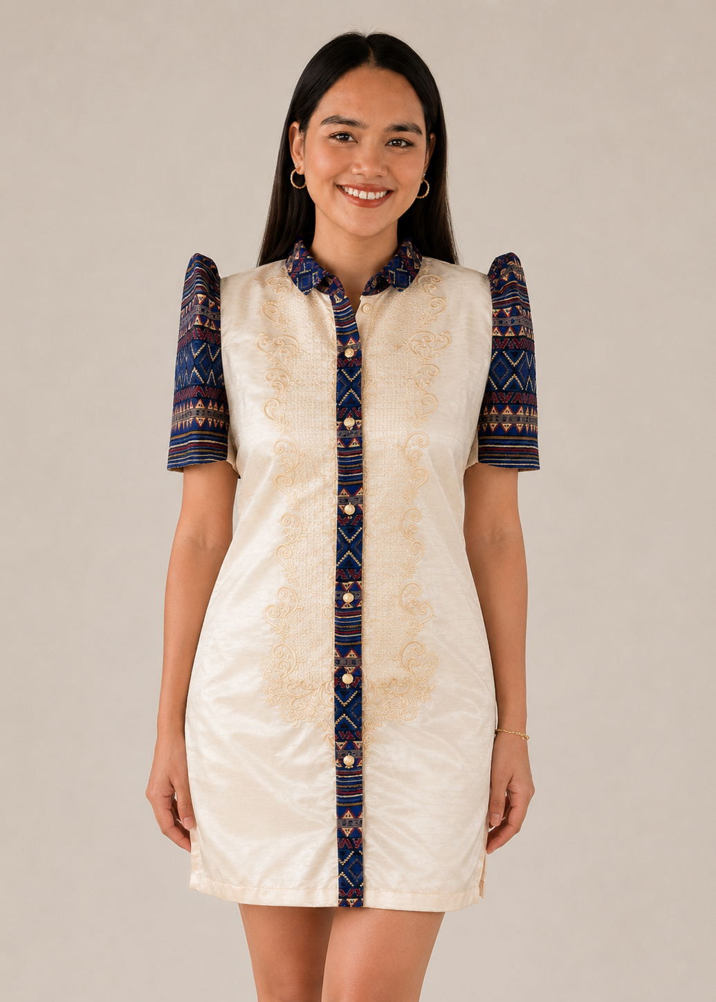 Gabriela Filipiniana Ethnic Barong Dress in Satin Organza Cream