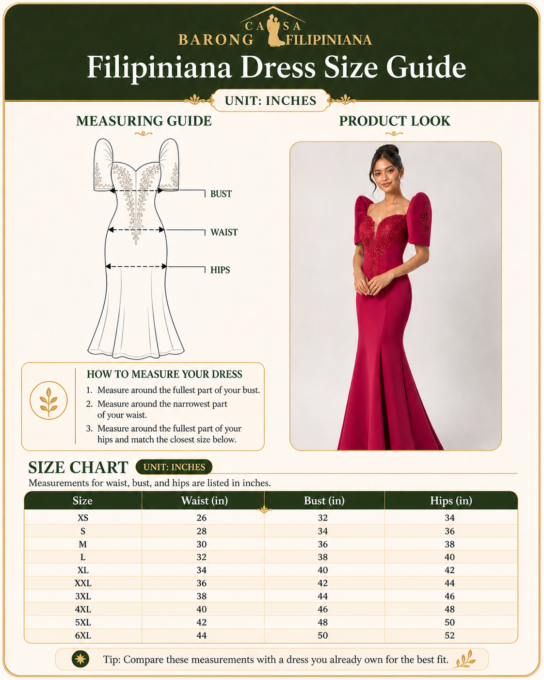 Filipiniana serpentina long gown Size Guide - Casa Barong Filipiniana