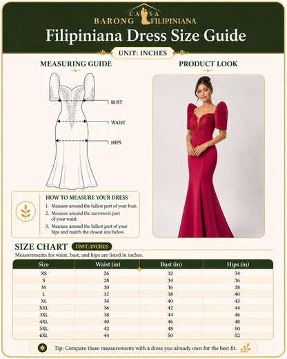Filipiniana serpentina long gown Size Guide - Casa Barong Filipiniana