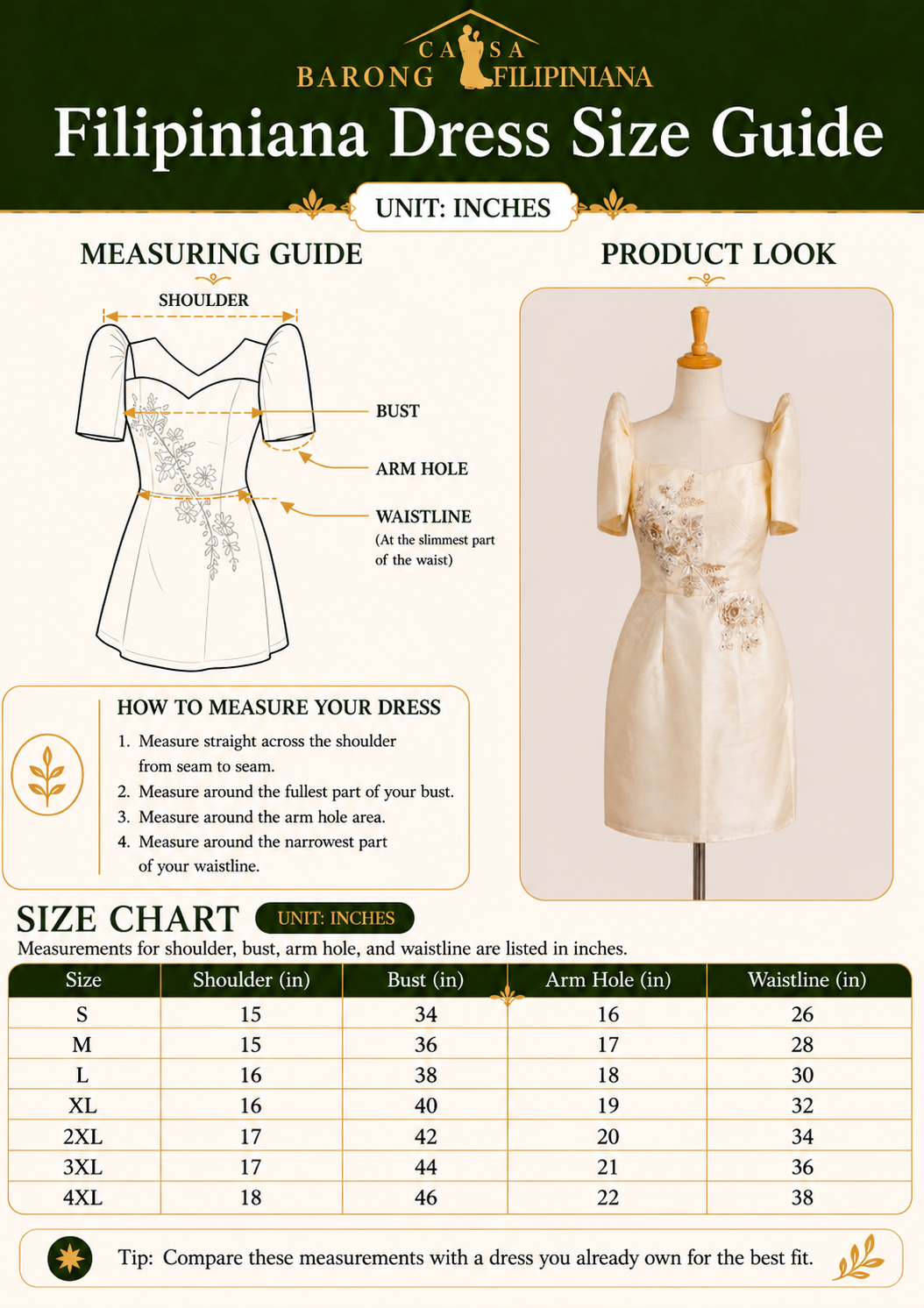 Ilaw Filipiniana Mini Dress in Organza Tulle Cream measurement guide