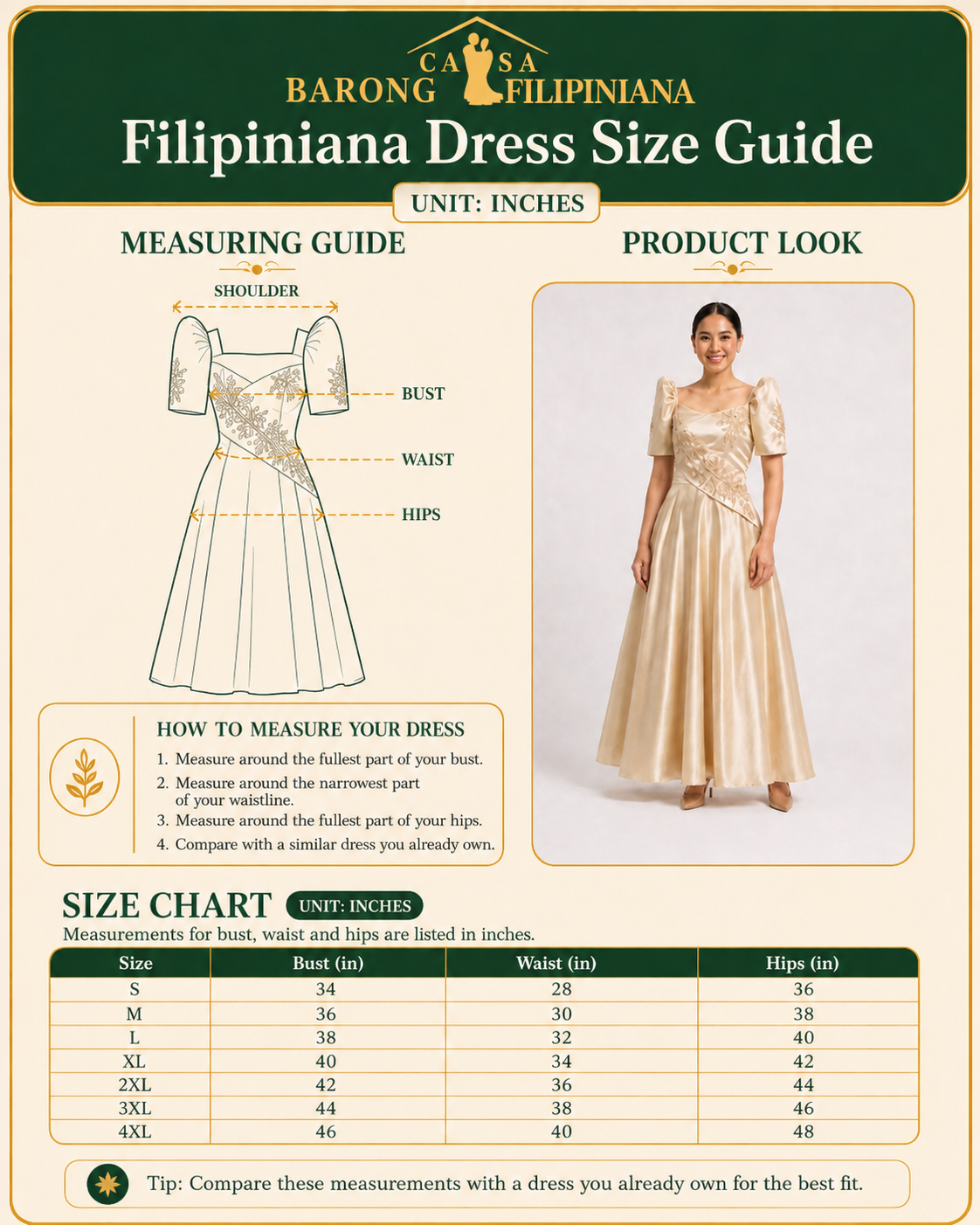 Liwayway Filipiniana Maxi Dress in Satin - measurement guide and chart